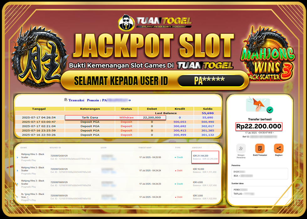 TUANTOGEL JACKPOT SLOT MAHJONG WINS 3 -BLACK SCATTER Rp22.200.000,- LUNAS